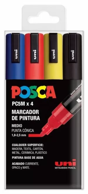 PACK MARCADOR PINTURA POSCA 4 U COLORES BASICOS PUNTA MEDIA 1.8-2.5 MM PC5M