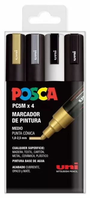PACK MARCADOR PINTURA POSCA 4 U COLORES METALICOS PUNTA MEDIA 1.8-2.5 MM PC5M